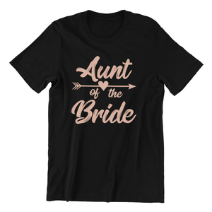 Aunt of the bride text printed on black t-shirt