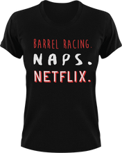 Load image into Gallery viewer, Barrel Racing naps and Netflix T-ShirtBarrel racing, horses, Ladies, Mens, naps, Netflix, Unisex