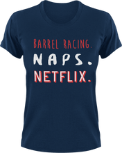 Load image into Gallery viewer, Barrel Racing naps and Netflix T-ShirtBarrel racing, horses, Ladies, Mens, naps, Netflix, Unisex