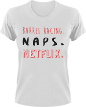 Load image into Gallery viewer, Barrel Racing naps and Netflix T-ShirtBarrel racing, horses, Ladies, Mens, naps, Netflix, Unisex