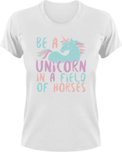 Load image into Gallery viewer, Be a unicorn in a field of horses T-Shirtfantasy, horse, horses, Ladies, Mens, unicorn, Unicorns, Unisex