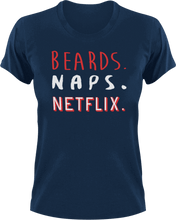 Load image into Gallery viewer, Beards naps Netflix T-Shirtbeard, beard lover, bearded, Ladies, Mens, naps, Netflix, Unisex