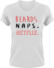 Load image into Gallery viewer, Beards naps Netflix T-Shirtbeard, beard lover, bearded, Ladies, Mens, naps, Netflix, Unisex