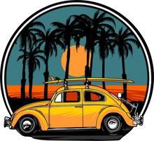 Load image into Gallery viewer, Beetle with Surfboards Against Sunset Tshirt
