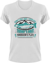 Load image into Gallery viewer, Benny's bait shop and sushi bar T-Shirtdad, Dad Jokes, fatherhood, Fathers day, fishing, Ladies, Mens, Unisex