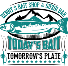 Load image into Gallery viewer, Benny's bait shop and sushi bar T-Shirtdad, Dad Jokes, fatherhood, Fathers day, fishing, Ladies, Mens, Unisex