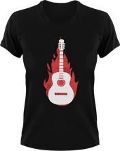 Load image into Gallery viewer, Burning Guitar T-Shirtburning, fire, guitar, Ladies, Mens, music, music lover, musician, rock music, Unisex