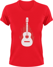 Load image into Gallery viewer, Burning Guitar T-Shirtburning, fire, guitar, Ladies, Mens, music, music lover, musician, rock music, Unisex