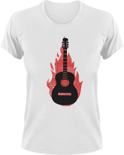 Load image into Gallery viewer, Burning Guitar T-Shirtburning, fire, guitar, Ladies, Mens, music, music lover, musician, rock music, Unisex