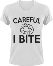 Load image into Gallery viewer, Careful I Bite T-Shirtbite, Halloween, Ladies, Mens, Unisex