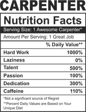 Load image into Gallery viewer, Carpenter Nutrition Facts Funny T-ShirtCarpenter, funny, Ladies, Mens, Nutrition Facts, Unisex
