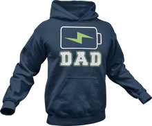 Load image into Gallery viewer, Charging dad battery printed on a navy Hoodie