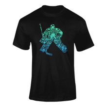 Load image into Gallery viewer, Colourful Hockey Goalie Silhouette T-ShirtLadies, Mens, Unisex, Wolves Ice Hockey
