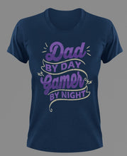 Load image into Gallery viewer, Dad by day gamer by night T-Shirtdad, Fathers day, funny, Ladies, Mens, Unisex