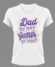 Load image into Gallery viewer, Dad by day gamer by night T-Shirtdad, Fathers day, funny, Ladies, Mens, Unisex