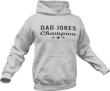 Load image into Gallery viewer, Dad jokes champion printed on a grey melange Hoodie