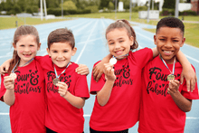 Load image into Gallery viewer, Four and fabulous printed on kids showing of their champion medals shirts