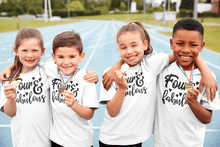Load image into Gallery viewer, Four and fabulous printed on a group of kids holding their champion medals white t-shirts