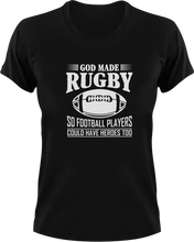 Load image into Gallery viewer, God Made Rugby So Football Players Could Have Heroes Too T-ShirtFootball, hero, Ladies, Mens, rugby, sport, superhero, Unisex