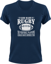 Load image into Gallery viewer, God Made Rugby So Football Players Could Have Heroes Too T-ShirtFootball, hero, Ladies, Mens, rugby, sport, superhero, Unisex