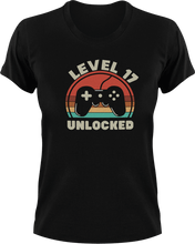 Load image into Gallery viewer, Level 17 Unlocked Birthday T-Shirtbirthday, gamer, games, gaming, Ladies, level, Mens, Unisex
