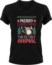 Load image into Gallery viewer, Merry Christmas Ya Filthy Animals T-Shirtanimal, christmas, Ladies, Mens, Merry Christmas, penguin, snow, Unisex