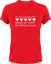 Load image into Gallery viewer, My Gat Is Innie Stad Maar My Hart Is Oppie Plaas Afrikaans T-Shirtafrikaans, boer, City, hart, heart, house, huis, Ladies, Mens, Plaas, stad, Unisex