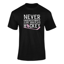 Load image into Gallery viewer, Never Underestimate A Girl Who Plays Hockey T-ShirtLadies, Mens, Unisex, Wolves Ice Hockey