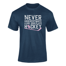 Load image into Gallery viewer, Never Underestimate A Girl Who Plays Hockey T-ShirtLadies, Mens, Unisex, Wolves Ice Hockey