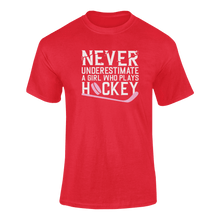 Load image into Gallery viewer, Never Underestimate A Girl Who Plays Hockey T-ShirtLadies, Mens, Unisex, Wolves Ice Hockey