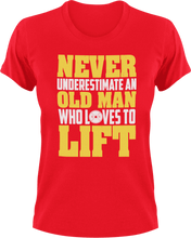 Load image into Gallery viewer, Never underestimate an old man who loves to lift T-ShirtDad Jokes, fitness, funny, gym, Ladies, lifting, Mens, old, Unisex, weights, workout