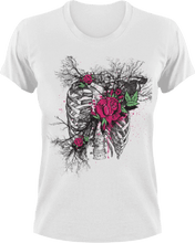 Load image into Gallery viewer, Rib cage with rose T-ShirtLadies, Mens, rib cage, ribs, rose, skulls, Unisex