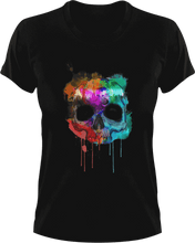 Load image into Gallery viewer, Skull with city line in paint T-ShirtLadies, Mens, painted, skulls, skyline, Unisex