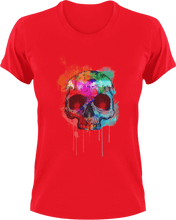 Load image into Gallery viewer, Skull with city line in paint T-ShirtLadies, Mens, painted, skulls, skyline, Unisex