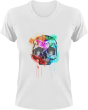 Load image into Gallery viewer, Skull with city line in paint T-ShirtLadies, Mens, painted, skulls, skyline, Unisex