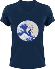 Load image into Gallery viewer, Surfer on a wave T-Shirtbeach, Ladies, Mens, sea, summer, surfboarder, surfing, Unisex, vacation, waves