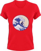 Load image into Gallery viewer, Surfer on a wave T-Shirtbeach, Ladies, Mens, sea, summer, surfboarder, surfing, Unisex, vacation, waves