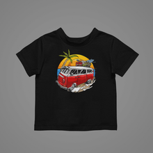 Load image into Gallery viewer, VW Van With Surfboard Kids T-Shirtboy, dog, girl, kids, neice, nephew, summer