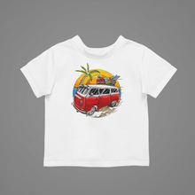 Load image into Gallery viewer, VW Van With Surfboard Kids T-Shirtboy, dog, girl, kids, neice, nephew, summer