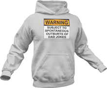 Load image into Gallery viewer, Warning subject to spontaneous outbursts of dad jokes printed on a grey melange Hoodie