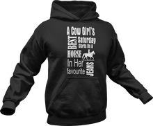 Load image into Gallery viewer, a cow girl's best saturday starts on a horse in her favorite jeans printed on a black hoodie
