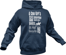 Load image into Gallery viewer, a cow girl's best saturday starts on a horse in her favorite jeans printed on a blue hoodie