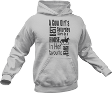 Load image into Gallery viewer, a cow girl's best saturday starts on a horse in her favorite jeans printed on a grey hoodie