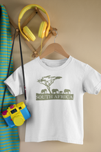 Load image into Gallery viewer, South Africa in Olive Kids T-Shirtafrica, animals, boy, dog, elephants, girl, kids, lion, neice, nephew, safari, south africa, tree
