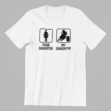 Load image into Gallery viewer, Your Daughter My Daughter Horse-riding T-shirtanimals, aunt, boy, brother, family, funny, girl, horse, Ladies, Mens, mom, neice, nephew, pets, sarcastic, sister, sport, uncle, Unisex