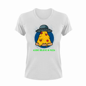 Aliens Believe In Pizza T-ShirtAliens, fast food, food, Ladies, Mens, pizza, Unisex