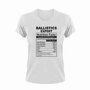 Ballistics Expert Nutrition Facts Novelty T-Shirtballistics, ballistics expert, funny, Ladies, Mens, Nutrition Facts, Unisex