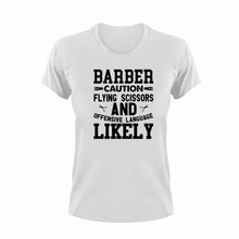 Load image into Gallery viewer, Barber Caution Flying Scissors Funny T-Shirtbarber, caution, Caution Flying Items and Offensive Language, funny, hair, Ladies, Mens, scissors, Unisex
