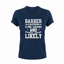 Load image into Gallery viewer, Barber Caution Flying Scissors Funny T-Shirtbarber, caution, Caution Flying Items and Offensive Language, funny, hair, Ladies, Mens, scissors, Unisex
