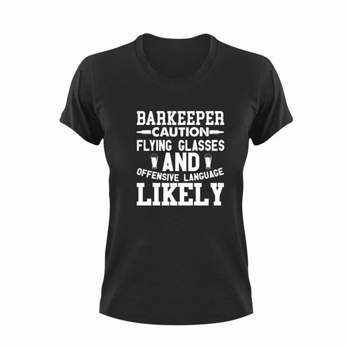 Barkeeper Caution Flying Glasses Funny T-Shirtalcohol, Bar, Barkeeper, caution, Caution Flying Items and Offensive Language, funny, glasses, Ladies, Mens, Unisex